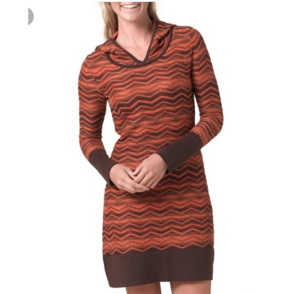 Prana‎ Hooded Sweater Dress Medium Orange Brown Chevron Zigzag Knit Mini Dress